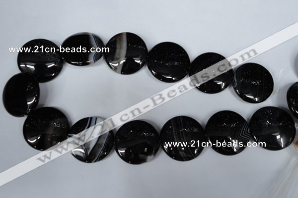 CAG2999 15.5 inches 30mm flat round black line agate beads