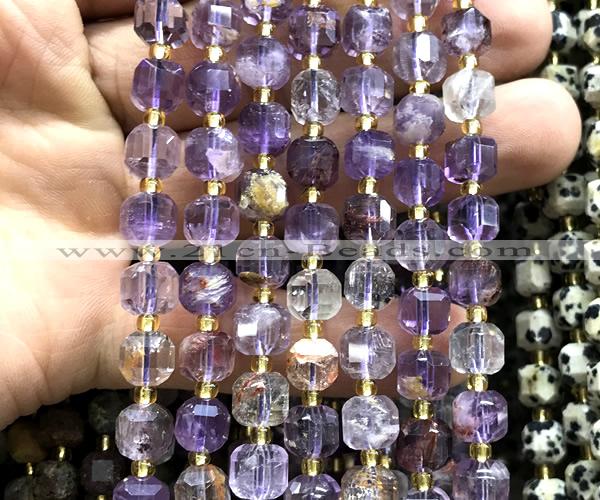 CCU1360 15 inches 6mm - 7mm faceted cube purple phantom quartz beads