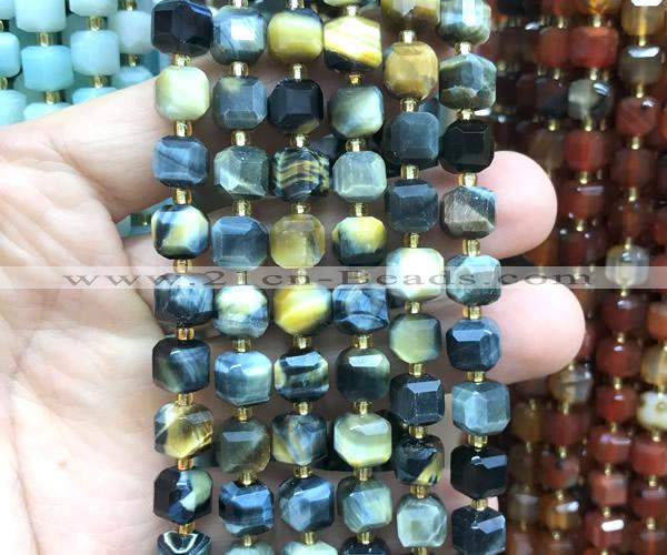 CCU1469 15 inches 8mm - 9mm faceted cube golden & blue tiger eye beads