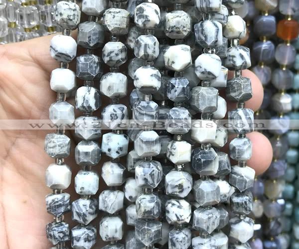 CCU1479 15 inches 8mm - 9mm faceted cube grey picture jasper beads