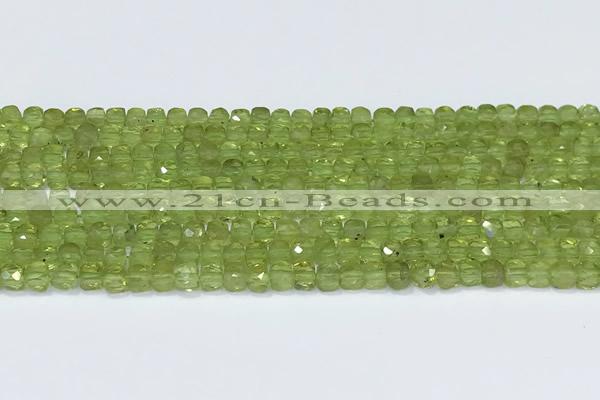 CCU836 15 inches 4mm faceted cube olive quartz beads