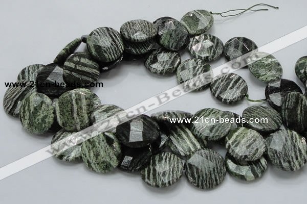 CSJ83 15.5 inches 25mm faceted flat round green silver line jasper beads