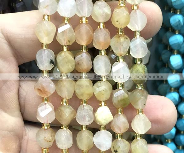 CTW562 8mm faceted & twisted S-shaped green rutilated quartz beads