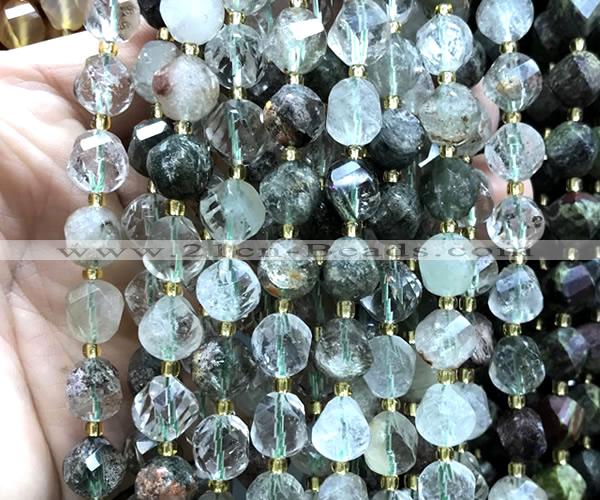 CTW658 10mm faceted & twisted S-shaped green phantom quartz beads