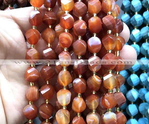 CTW688 10mm faceted & twisted S-shaped red banded agate beads