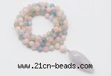 GMN4057 Hand-knotted 8mm, 10mm morganite 108 beads mala necklace with pendant