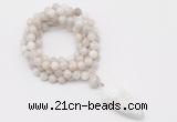 GMN4062 Hand-knotted 8mm, 10mm white crazy agate 108 beads mala necklace with pendant