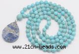 GMN4643 Hand-knotted 8mm, 10mm blue howlite 108 beads mala necklace with pendant