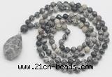 GMN4863 Hand-knotted 8mm, 10mm black water jasper 108 beads mala necklace with pendant